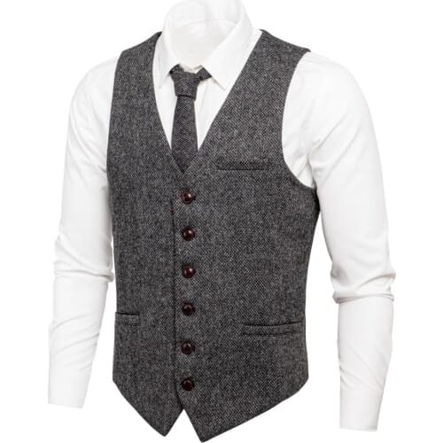 VOBOOM Waistcoat for Men Wool Blend Suit Vest Casual Fit Herringbone Vests Wedding Cold Season 007