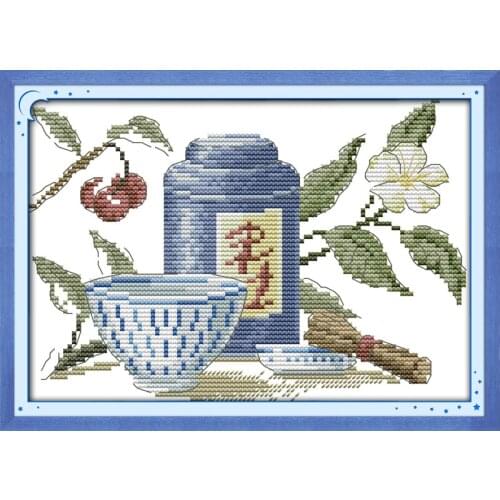 The tea artistic conception cross stitch kit cartoon 11ct count print canvas stitches embroidery DIY handmade needlework plus