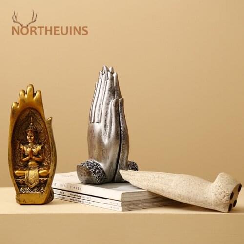 NORTHEUINS 2 Pcs/Set Resin Hand Palm Buddha Statues Creative Retro Figurines Desktop Decor Home Interior Decoration Accessories