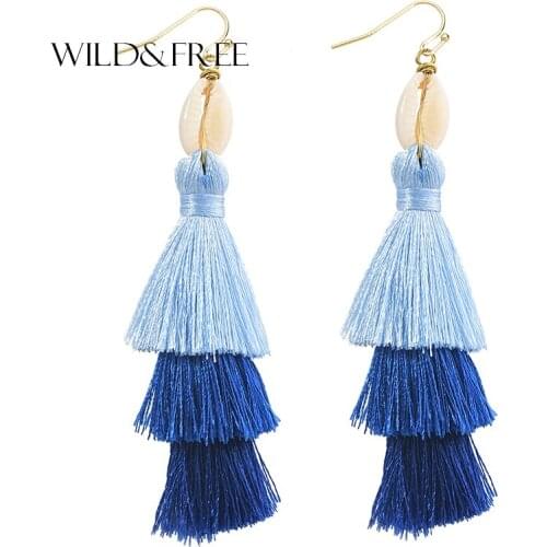 New Hot 4 Colors Layered Fringe Tassel Earrings For Women Girls Blue Red Gray Yellow Long Tassels Natural Shell Dangle Earrings