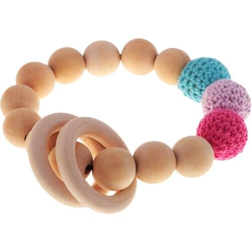 Organic Natural Wood Bright Colors Crochet Round Beads Ring Bracelet Teether Baby Grasping Nursing Toys