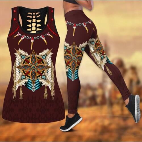 Native Indian 3D All Over Printed Hollow Tank Top & Leggings Set Fitness Female Full Length Leggings Running Pants DDK49