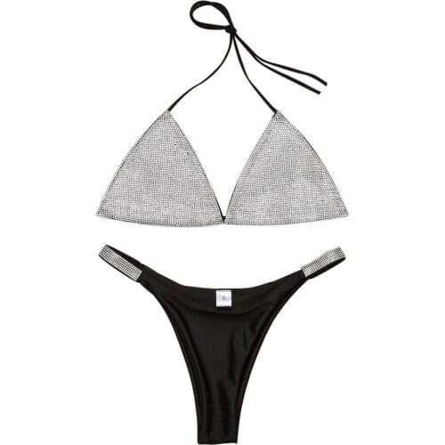 Sexy Womens Swimsuit Sequins Rhinestone Crystal Diamond Push Up Bikini Suit Bra Low Waist Lace-up Swimsuit Suit New Beachwear