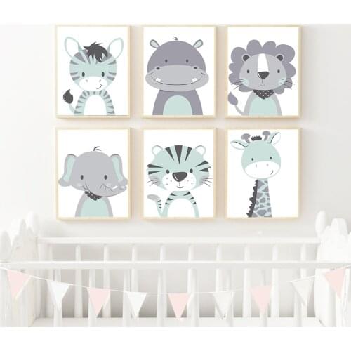 Lion Zebra Elephant Giraffe Baby Animals Art Print Poster Safari Animals Picture Canvas Painting Kids Room Nursery Wall Decor