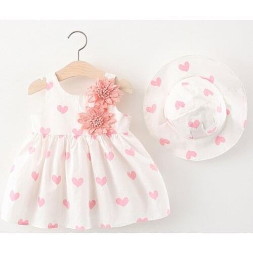 #VW Flower Applique Heart Print Dress+Hat Set Summer Sleeveless Dress Suit Baby Kids Girls Sleeveless Princess Set outfit ropa