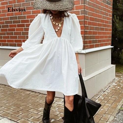 Vintage Summer Casual Solid Beach Loose Dress Fashon Sexy Deep V Neck Party Dress Elegant Puff Long Sleeve Women Dress Vestidos