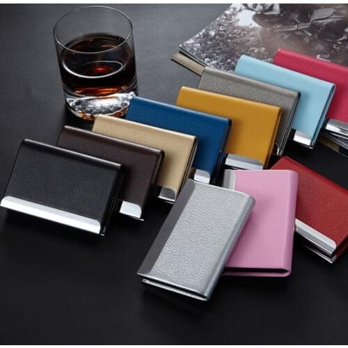 Embossed PU Leather Stainless Steel Men Card Holde Women Metal Bank Name Business Card Case Card Box For Gift SN2051