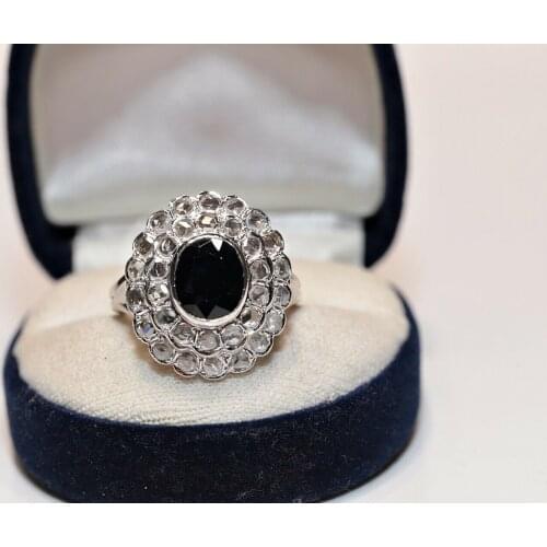 OLD VINTAGE 14K GOLD NATURAL ROSE CUT DIAMOND AND SAPPHIRE DECORATED STRONG RING