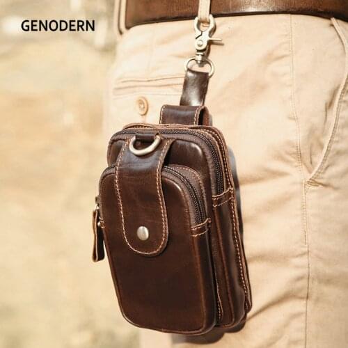 GENODERN NEW Genuine Leather Vintage Waist Packs Men Travel Fanny Pack Belt Loops Hip Bum Bag Waist Bag Mobile Phone Pouch