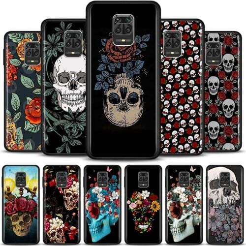 Phone Case for Xiaomi Redmi Note 10 Pro Max India 5G K40 Plus 9 9s 8T 8 Pro 7 8A 9A 9C 9T 9i 9 Black Cover Retro Flower Skull