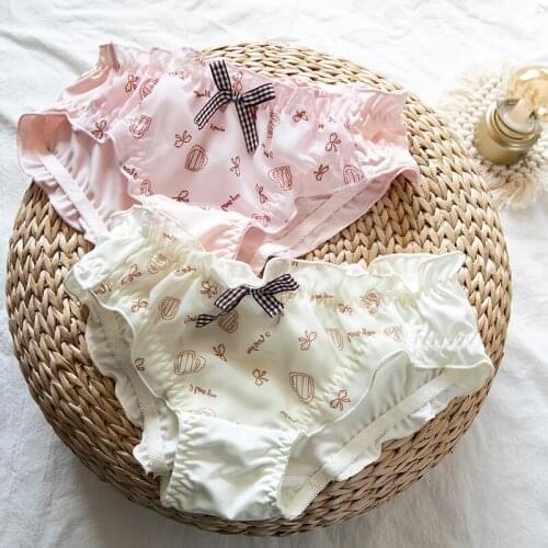 Sweet Ruffles Trim Women Panties Milk Silk Underwear Cute Briefs Cute Girls Intimates Lolita Pink Light Yellow