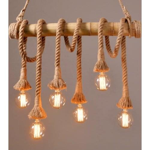 Vintage Rope Bamboo Pendant Light Bar Cafe Restaurant Retro Decorative Hanging Lamp Fixtures Indoor Suspension Luminaire E27