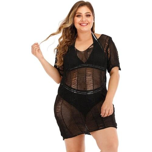 Backless Crochet Beach Dress Women Long Beachwear Bikini Cover Up Black Summer Dresses 2020 Fishnet Swimdress Plus Size 2XL 4XL