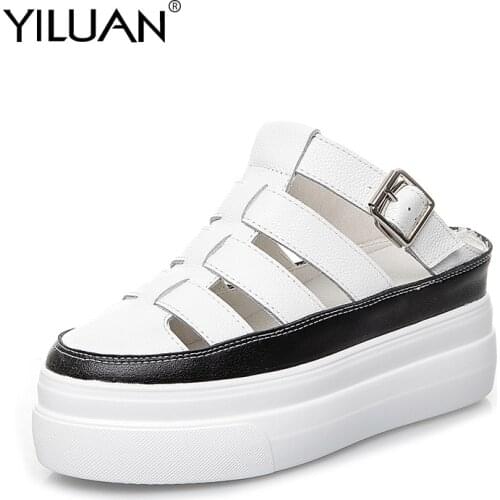 Yiluan 2019 New Women Summer Slippers Heels Pumps Genuine Leather Shoes Woman Sandals Round Toe Ladies Slippers big size 32-42