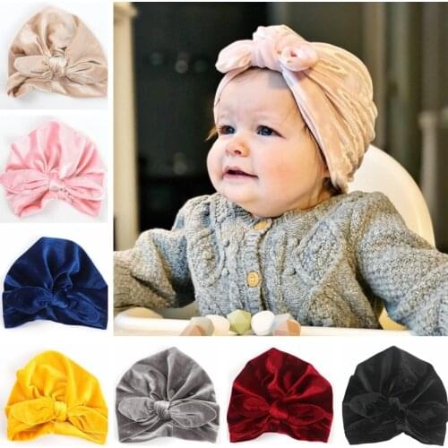 Yundfly Gold Velvet Turban Hat Kids Knot Ear Newborn Beanie Stylish Top Knot Caps Headwear Birthday Gift Photo Props