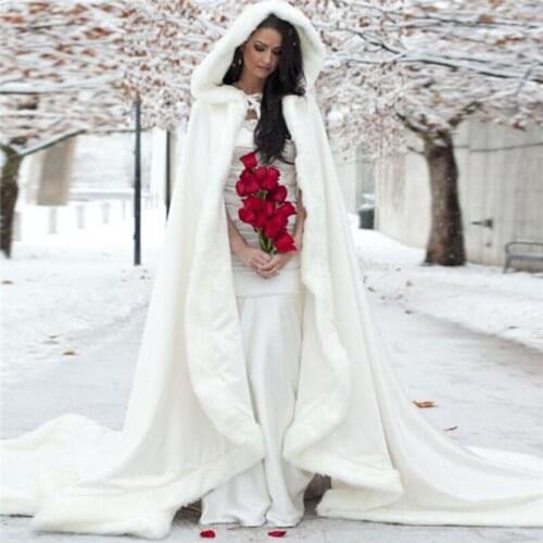 Floor Length Women White/Ivory Faux Fur Winter Christmas Bridal Wedding Hooded Long Party Wraps Jacket