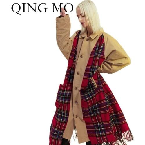 QING MO 2021 New Winter Women Clothing Checked Fringe Hem Stitching Women Trench Coat Casual Two-sided Windbreaker Jacket TT021Q