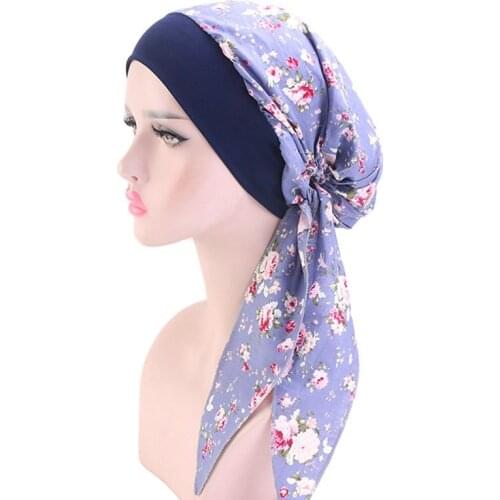 Womens Muslim Hijab Cancer Chemo Flower Print Hat Turban Cap Cover Hair Loss Head Scarf Wrap Pre-Tied Headwear Strech Bandana