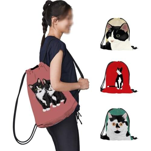 I Love Black Cat Print Backpack Teenager Travel Bag Children School Bags Book Bag Women Fashion Drawstring Backpack Pouch