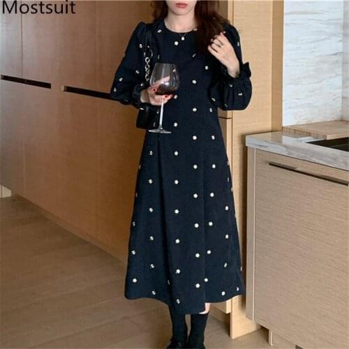 Flora Embroidered Korean Long Dress Women Full Sleeve O-neck A-line Dresses Elegant Vintage Ladies Vestidos Femme 2021 Spring