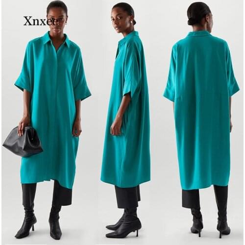 2021 Polo Shirt Dress Spring Summer New Turquoise Temperament Loose Design Sense Half Sleeve Shirt Dresses Women Bodycon Outfits