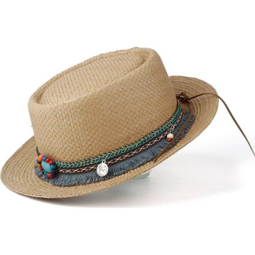 2019 100% Straw Women Men Sun Hat Summer Pork Pie Hat Sunbonnet Hat Lady Flat Boater Beach Panama Sunhat Beach Hat Size 57-60cm