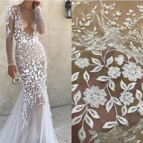 2019 New arrival Lace fabric leaves Berta dress fabric with sequins 130cm width Embroidery lace fabric for wedding dress 1 Yard