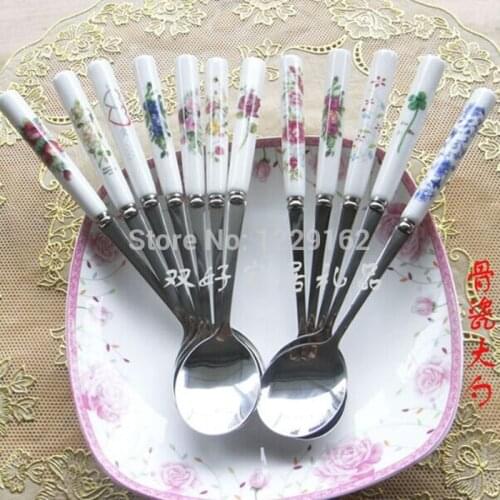 Free shipping (3pcs/lot) Kitchen tool Multicolor Ceramitc Handle Stainless Steel spoon 210mm Bone China Soup Spoon tableware