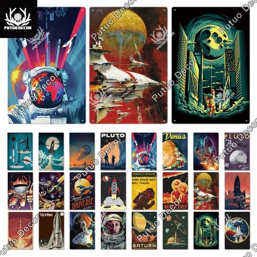 Putuo Decor Spaceship Vintage Tin Sign Retro Metal Poster Interior Decoration for Man Cave Living Room Home Wall Decor