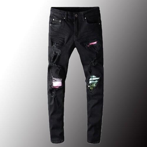 New Luxury Mens Colored Pleated Patchwork Black Biker Jeans Streetwear Slim Skinny Ripped Stretch Denim Pants Plus Size 40