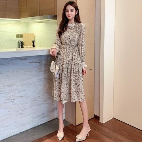 Elegant Lace Stand Collar Office Women Dress Long Sleeve Print Female Chiffon Dresses Korean Spring Vestidoes femme Streewear