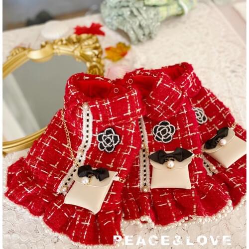 Handmade Red Woolen Tweed Dog Clothes Coat Pet Princess Dress Outfit C Style Camellia Accessories Maltese Poodle Florida