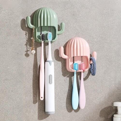 Creative Fixed Wall-mounted Toothbrush Holder Wall-mounted Drain Shelf Plastic Cactus Electric Toothbrush Rack for Bathroom