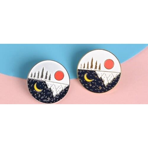 Round Adventure Pin Sun Moon Mountain Moonlight Star Forest Nature Round Enamel Pins Button Badge Travel Brooch Outdoorsy Gifts