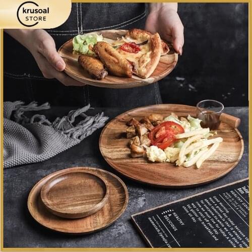 Round Acacia Wood Dish Food Grade Saucer Tea Tray Fruit Sushi Table Ware Cake Saucer Snack Plates Decoration Tableware Set