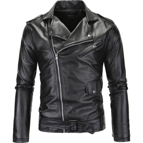 Spring Fashion Motorcycle Leather Jacket Men Slim Fit Oblique Zipper PU Jacket Autumn Men Leather Jackets Coats Black White