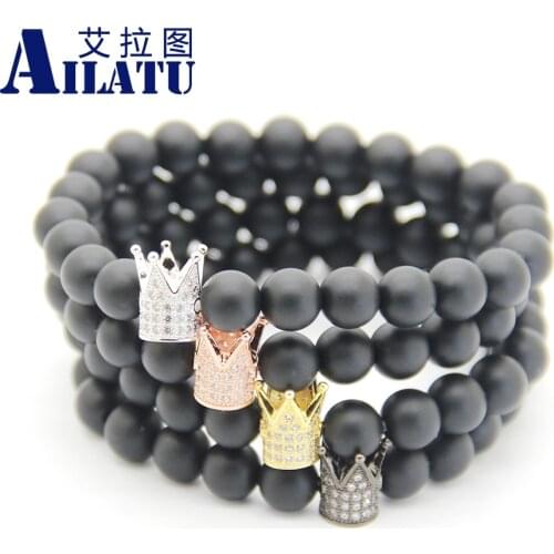 Ailatu New Design High Grade Jewelry Wholesale, 8mm Matte Onyx Stone Beads with Micro Inlay Clear Zircon Crown Bracelet