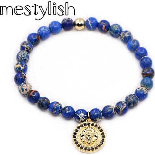 Mestylish New Fashion Blue Sea Sediment Onyx Beads Lion Charm Pendant handmade Bracelet fit Man Women Best Friend Gift