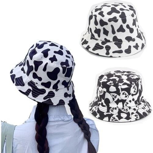 2021 INS Star Cute Reversible Black White Cow Butterfly Bucket Hats Men Women Bob Summer Girl Cow Print Fishing Hat Travel Panam