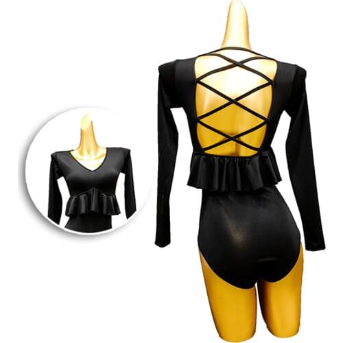 Latin Dance Dress Standard Tops Women Bodysuit Cross Belt Ruffle Ballroom Tango Flamengo Dancing Practice Clothes Black Top 1932