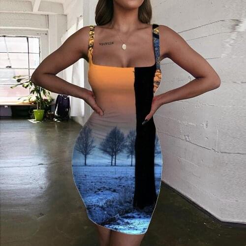 KYKU Landscape Dresses Women Forest Halter Sleeveless Tree Ladies Dresses Harajuku 3d Print Womens Clothing Club Short Boho