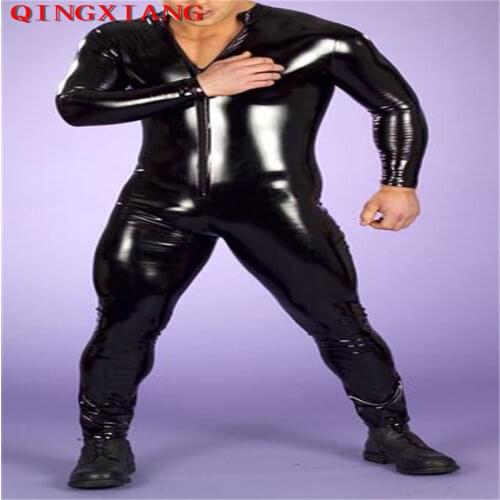 Plus Size 4XL Sexy Lingerie Men PU Catsuit Faux Leather Front Zipper To Crotch Back 2018 Bodysuit Fetish Costume Erotic Lingerie