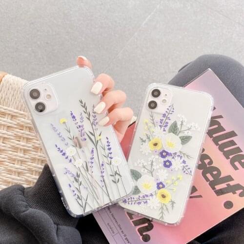 Retro lavender white flowers art bumper Transparent Phone Case For iPhone 12 11 Pro Max Xr Xs Max 7 8 Plus 7Plus case Cute Cover
