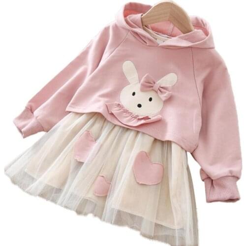 Cartoon Rabbit Bow Print Patchwork Mesh Dress For Children Clothes in spring and autumn 2021 Long Sleeve Hooded Sweater Dresses