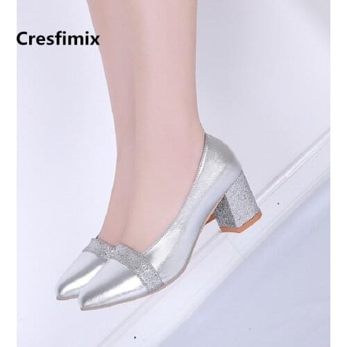 Women Cute Sweet Silver Square High Heel Shoes Lady Pu Leather Waterproof Comfortable High Heel Shoes Femmes Hauts Talons E3220