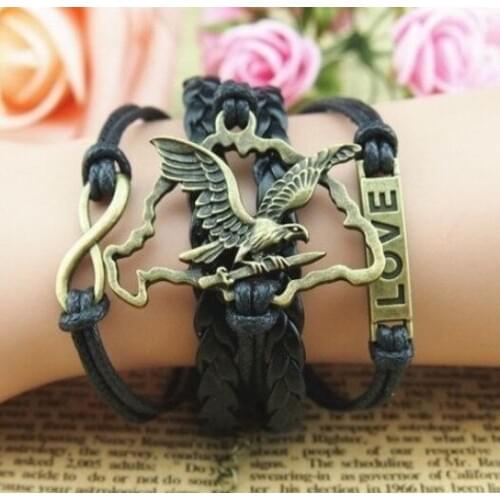 Vintage Fashion Men Jewelry Eagle Owl Heart Charms Leather Cuff Bracelet Multilayer Handmade Bangle Wrap Retro Wristbands Gift