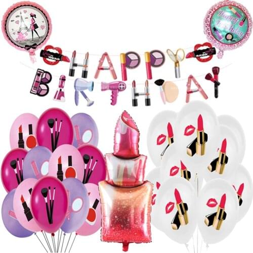 1set Makeup Balloons Happy Birthday Banner Princess Girl Sexy Cosmetics Lipstick Balloon for Spa Make Up Birthday Party Decor