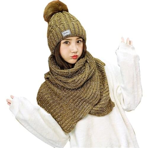 2019 Set 2 Winter Hats Women With Scarf Velvet Beanie Cap Lady Warm Wool Ball Hat Female Sweet Cute Knitted Earmuffs Caps