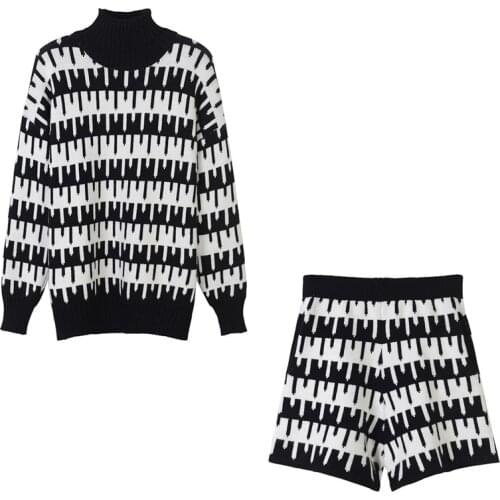 2021 Spring Autumn Korean Turtleneck Sweater Women Fashion Knit Tops Shorts 2 Pieces Sets Vintage Outfits Oversize Loose Lady