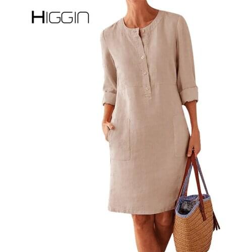 Big Size 5XL Women Cotton Linen Dress Summer Autumn Solid Color O-Neck Long-Sleeve Casual Loose Mid Dress Female Oversized Dress